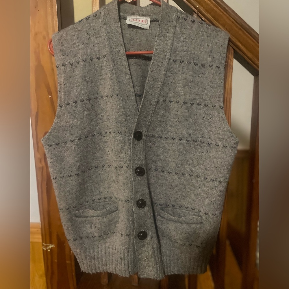 Vintage Prego Speckled Knit Cardigan Sweater Vest unique buttons, Men’s M Winter